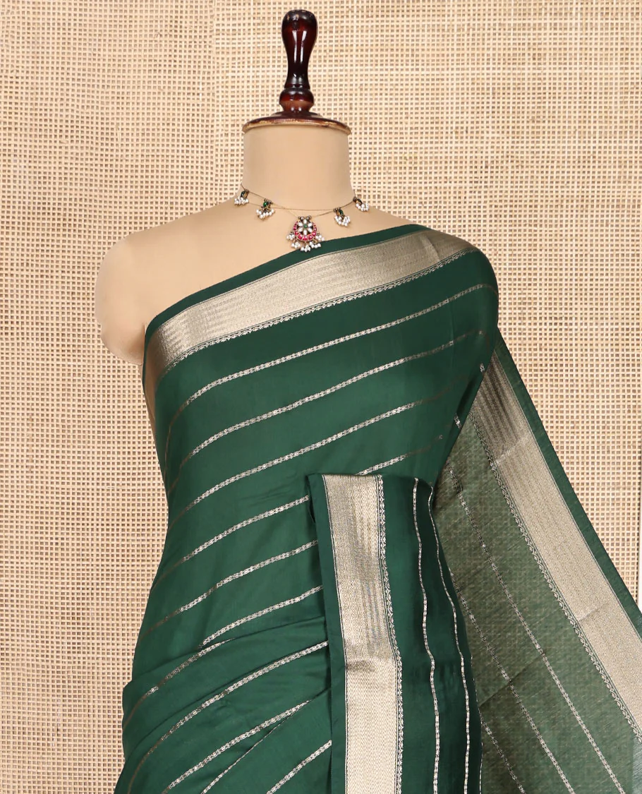 Green Assam Silk Saree, Embellished with Zari Stripes, a Traditional Zari Border, a Pallu Steeped with Zari Stripes - Image 2