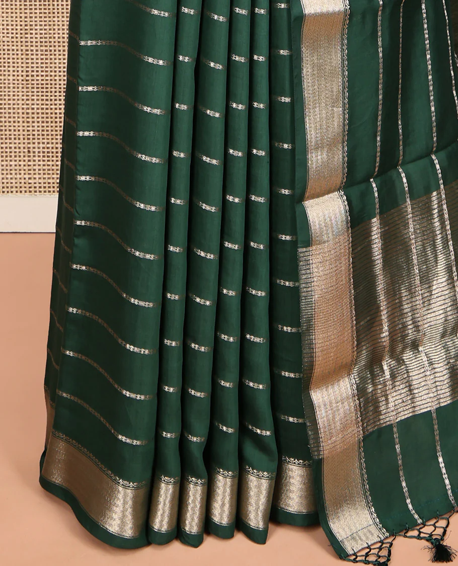 Green Assam Silk Saree, Embellished with Zari Stripes, a Traditional Zari Border, a Pallu Steeped with Zari Stripes - Image 3