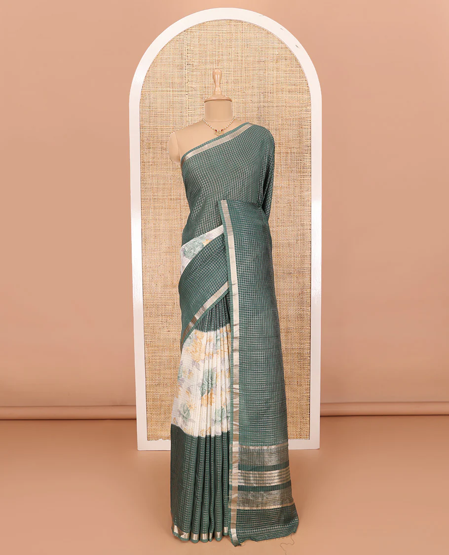Green Assam Silk Saree Graced with Micro-Checks and Floral Prints, Featuring a Simple Piping Border, Subtly Woven Pallu with Zari Stripes, Paired with a Matching Checked Blouse - Image 2