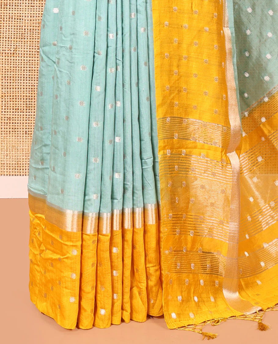 Green Assam Silk Saree, Subtly Enriched with Zari Buttas on Its Body, Complemented by Contrast Border Steeped with Zari Buttas, Pallu Steeped with Gleaming Zari Stripes and Buttas, and Paired with a Contrast Blouse - Image 3