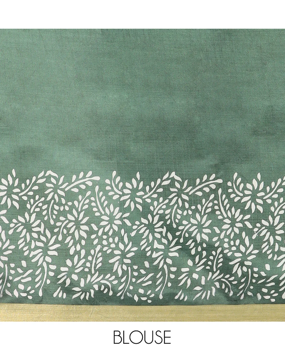 Green Banana Pith Saree Highlighted with Floral Motifs Printed All Over Its Body, Zari Bavanji Border, Pallu of Print and Zari Work, and Paired with a Matching Blouse - Image 5