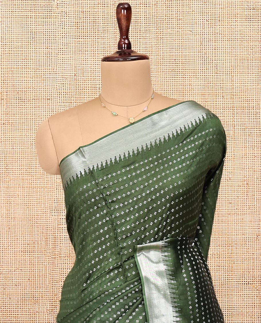 Green Banana Pith Saree, Lightly Embellished with Buttas All Over Its Body, Highlighted by a Zari Temple Border, Gleaming Zari Striped Pallu, and Paired with a Matching Blouse - Image 2