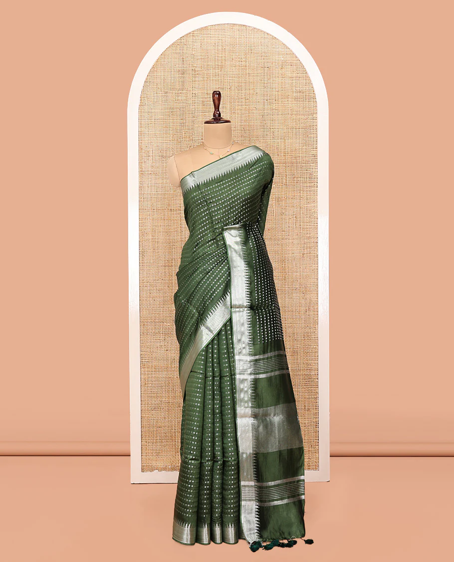 Green Banana Pith Saree, Lightly Embellished with Buttas All Over Its Body, Highlighted by a Zari Temple Border, Gleaming Zari Striped Pallu, and Paired with a Matching Blouse - Image 3