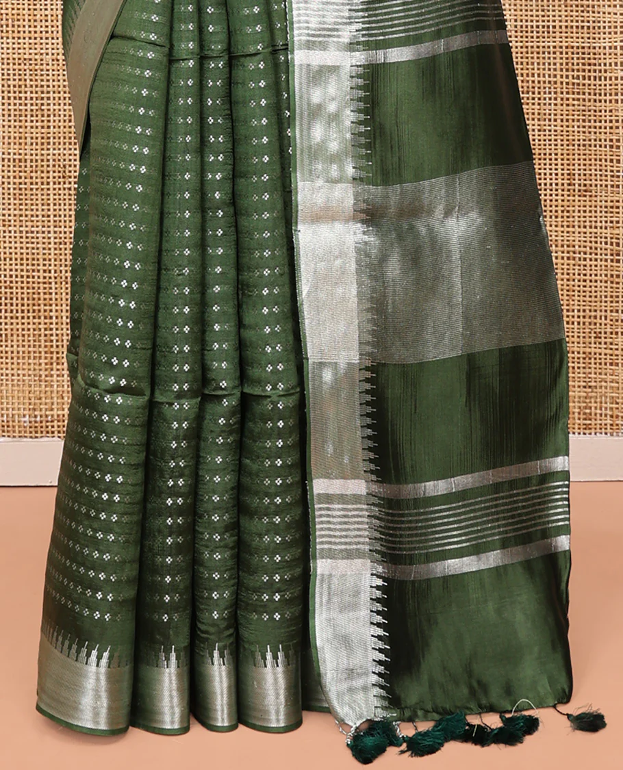 Green Banana Pith Saree, Lightly Embellished with Buttas All Over Its Body, Highlighted by a Zari Temple Border, Gleaming Zari Striped Pallu, and Paired with a Matching Blouse - Image 4