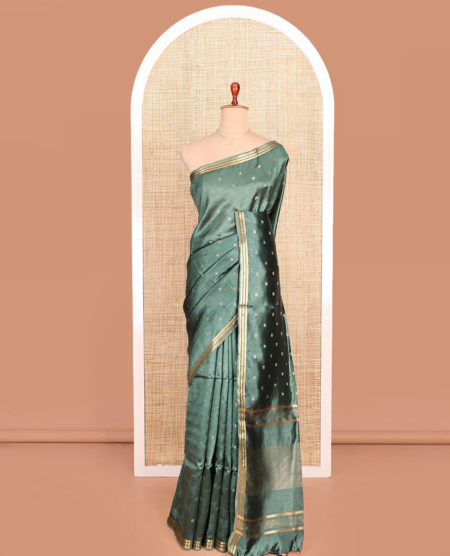 Green Banana Pith Saree Prettified with Square-Shaped Zari Buttas, Subtly Woven Zari Piping Border, Pallu Gleamed Up with Zari Stripes, and Paired with a Matching Blouse - Image 3