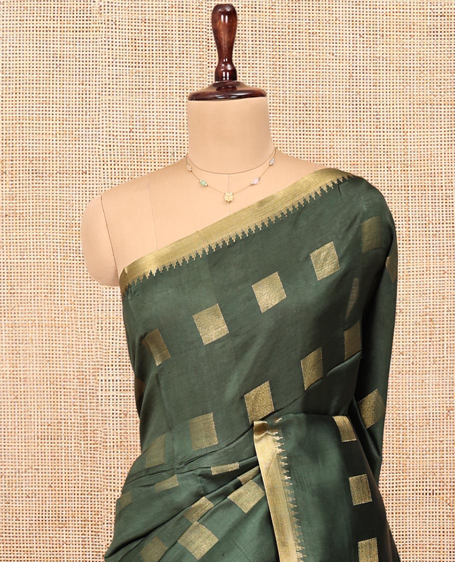Green Banana Pith Saree, Sparsely Sparkled with Square Buttas All Over Its Body, Highlighted by a Zari Temple Border, Gleaming Zari Striped Pallu, and Paired with a Matching Blouse - Image 2
