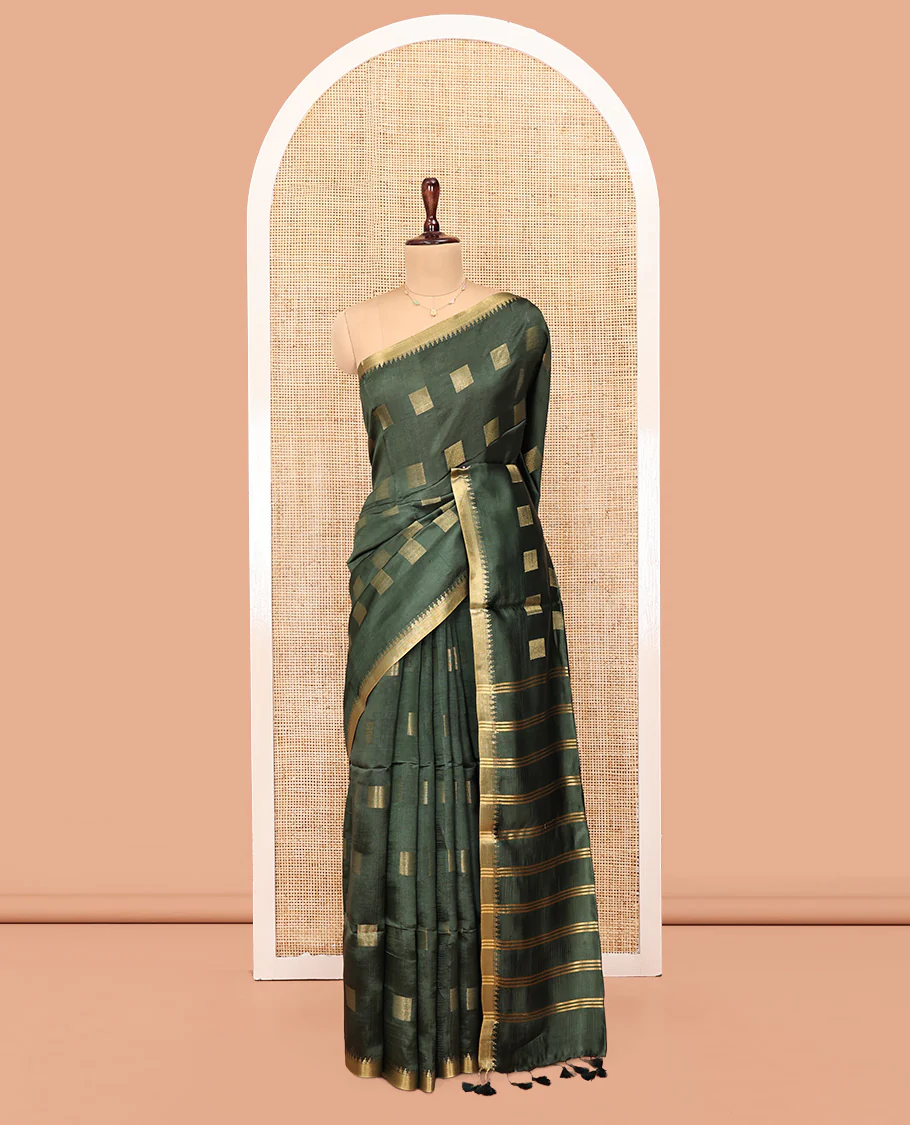 Green Banana Pith Saree, Sparsely Sparkled with Square Buttas All Over Its Body, Highlighted by a Zari Temple Border, Gleaming Zari Striped Pallu, and Paired with a Matching Blouse - Image 3