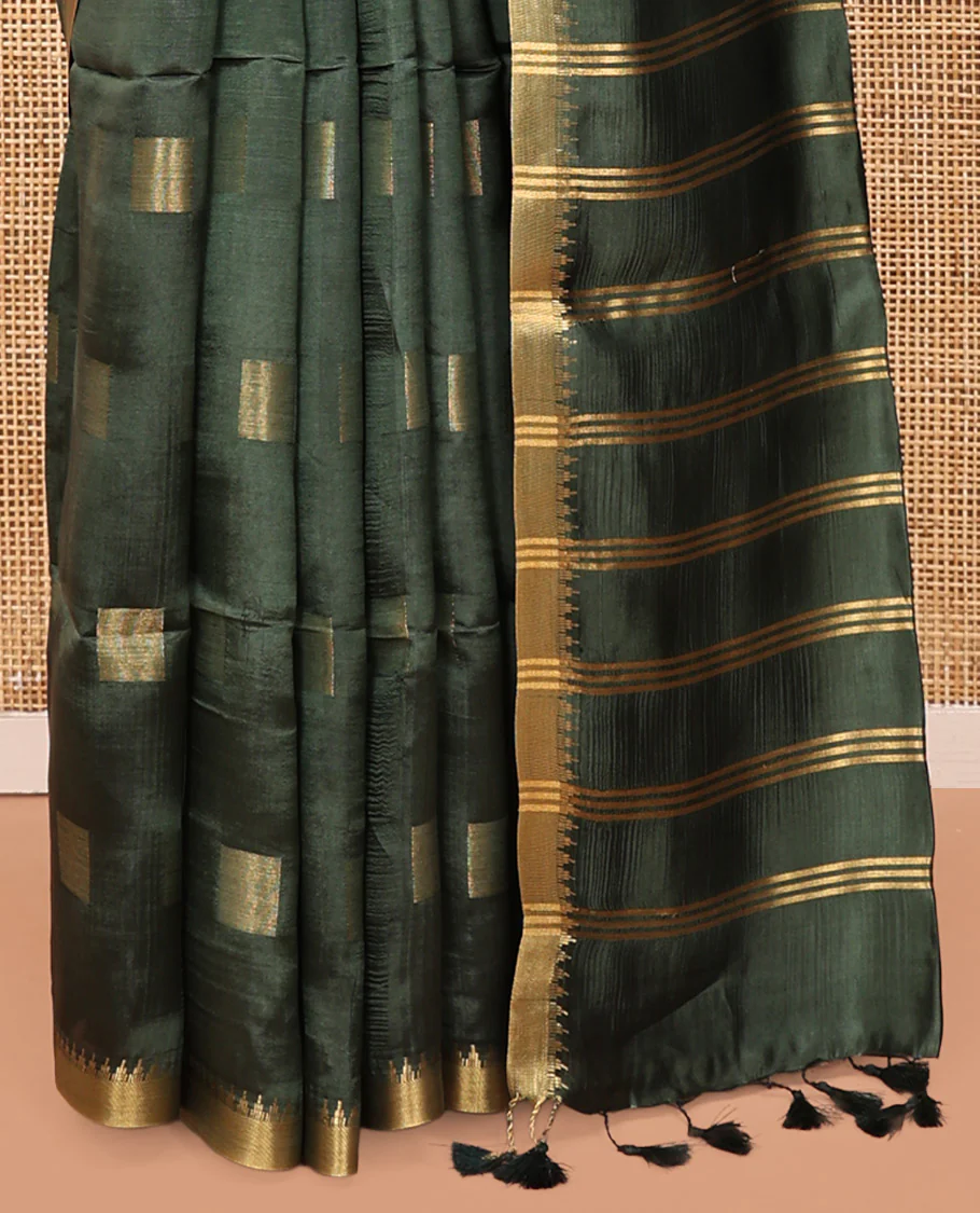 Green Banana Pith Saree, Sparsely Sparkled with Square Buttas All Over Its Body, Highlighted by a Zari Temple Border, Gleaming Zari Striped Pallu, and Paired with a Matching Blouse - Image 4