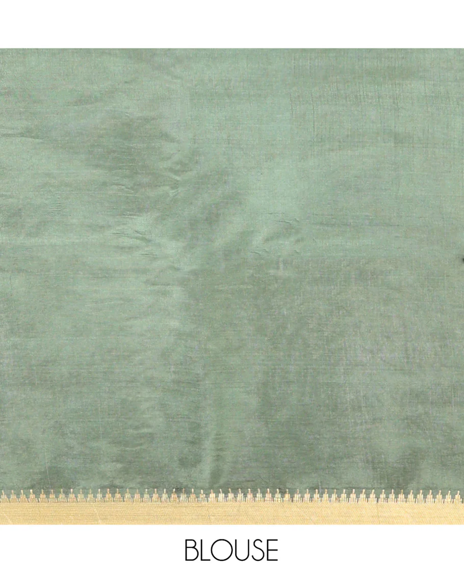 Green Banana Pith Saree, Sparsely Sparkled with Square Buttas All Over Its Body, Highlighted by a Zari Temple Border, Gleaming Zari Striped Pallu, and Paired with a Matching Blouse - Image 5
