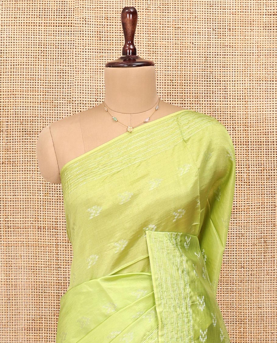 Green Banana Pith Saree, Sparsely Woven with Buttas All Over Its Body, Subtle Striped Border, Pallu Steeped with Stripes, and Paired with a Matching Blouse - Image 2