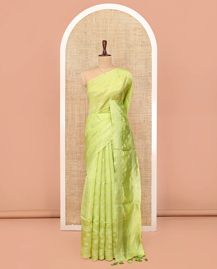 Green Banana Pith Saree, Sparsely Woven with Buttas All Over Its Body, Subtle Striped Border, Pallu Steeped with Stripes, and Paired with a Matching Blouse - Image 3