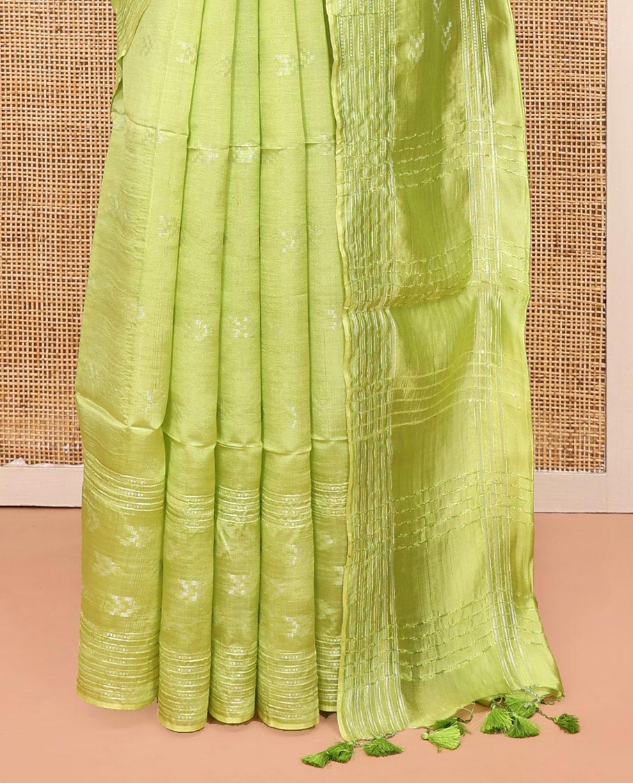 Green Banana Pith Saree, Sparsely Woven with Buttas All Over Its Body, Subtle Striped Border, Pallu Steeped with Stripes, and Paired with a Matching Blouse - Image 4