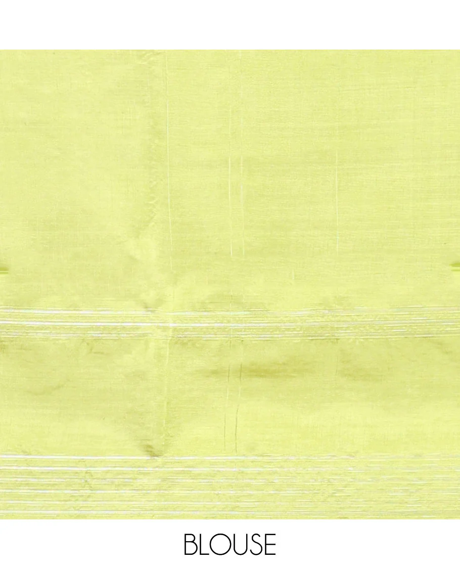 Green Banana Pith Saree, Sparsely Woven with Buttas All Over Its Body, Subtle Striped Border, Pallu Steeped with Stripes, and Paired with a Matching Blouse - Image 5