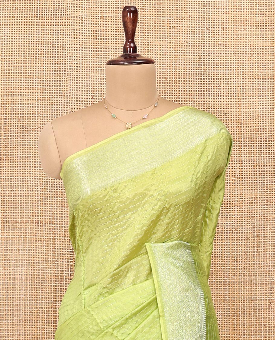 Green Banana Pith Saree, Sparsely Woven with Stripes All Over Its Body, Subtle Self-Border of Jaal Designs, Pallu Steeped with Stripes, and Paired with a Matching Blouse - Image 2