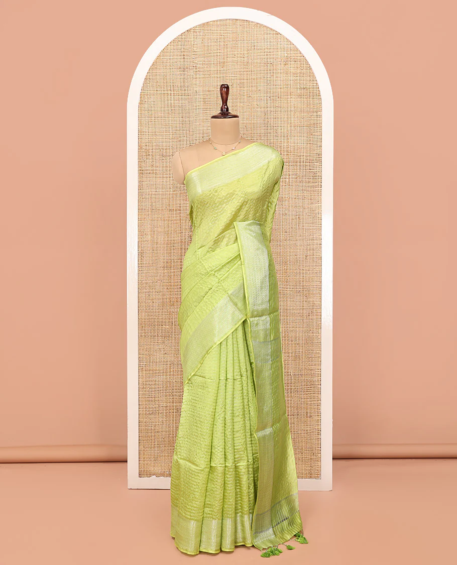 Green Banana Pith Saree, Sparsely Woven with Stripes All Over Its Body, Subtle Self-Border of Jaal Designs, Pallu Steeped with Stripes, and Paired with a Matching Blouse - Image 3