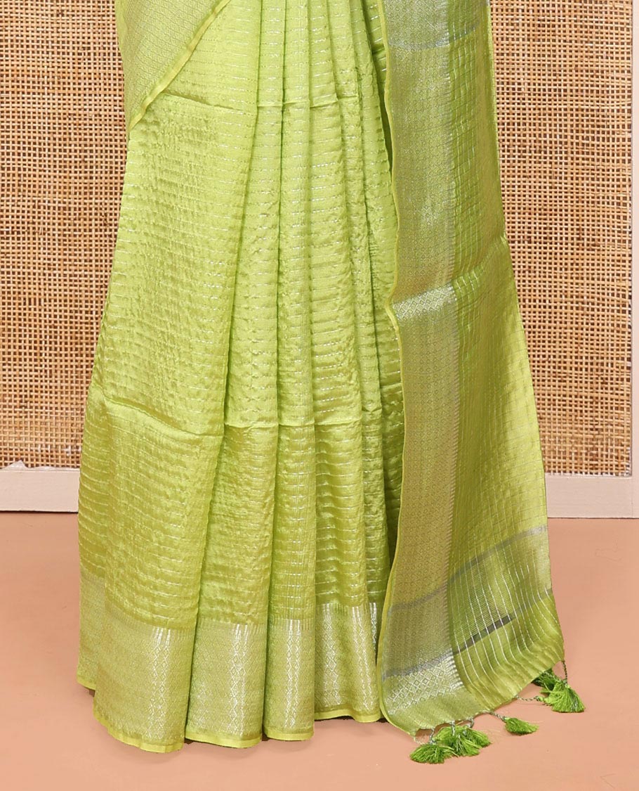 Green Banana Pith Saree, Sparsely Woven with Stripes All Over Its Body, Subtle Self-Border of Jaal Designs, Pallu Steeped with Stripes, and Paired with a Matching Blouse - Image 4