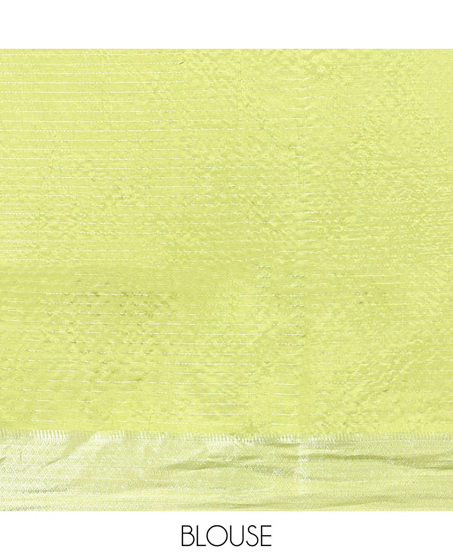 Green Banana Pith Saree, Sparsely Woven with Stripes All Over Its Body, Subtle Self-Border of Jaal Designs, Pallu Steeped with Stripes, and Paired with a Matching Blouse - Image 5
