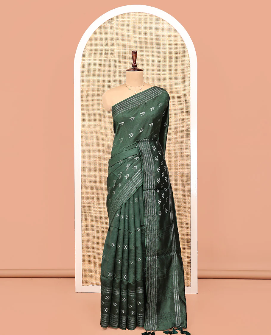 Green Banana Pith Saree, Subtly Sparkled with Buttas All Over Its Body, Highlighted by Self-Border, Pallu of Stripes, and Paired with a Matching Blouse - Image 3
