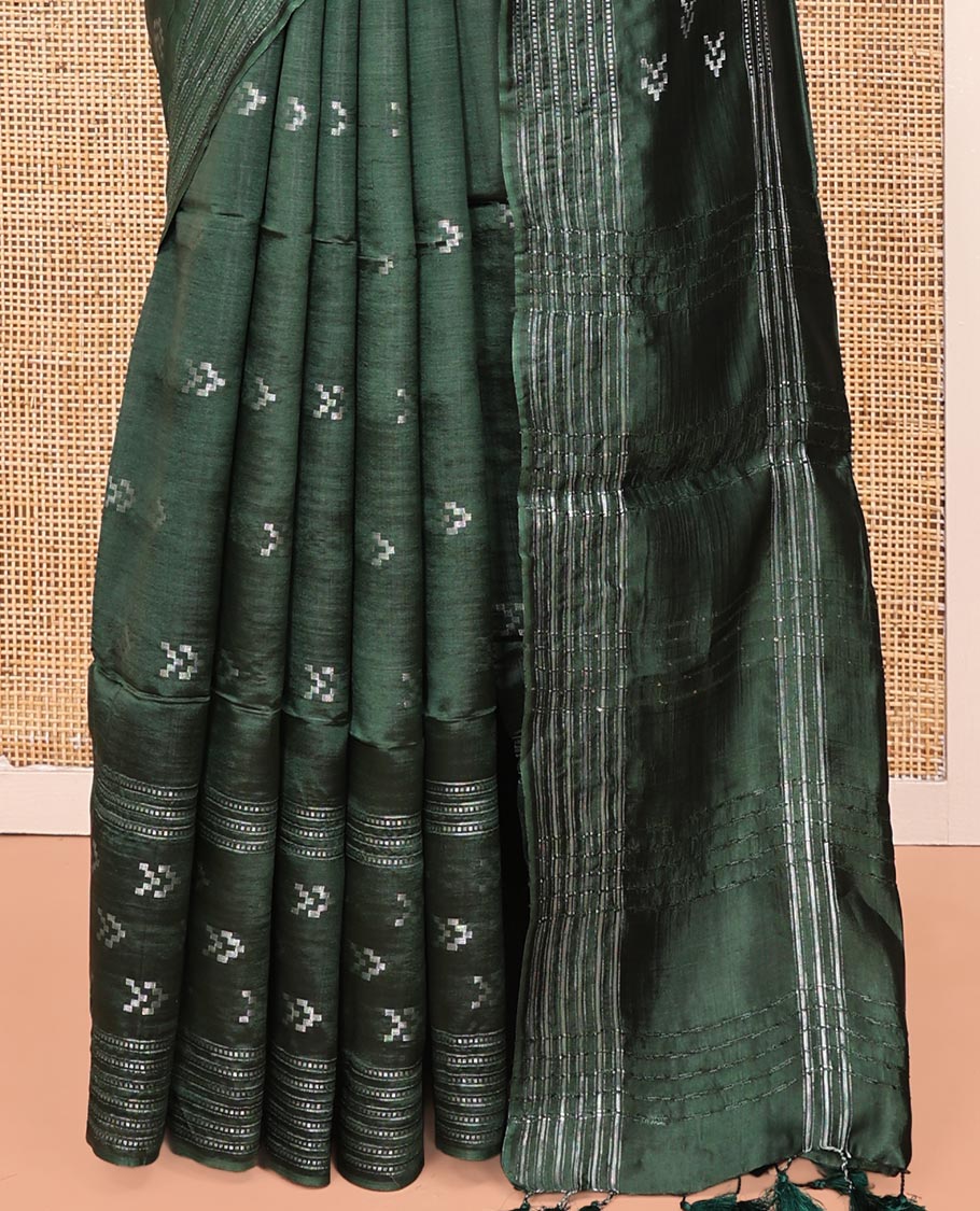 Green Banana Pith Saree, Subtly Sparkled with Buttas All Over Its Body, Highlighted by Self-Border, Pallu of Stripes, and Paired with a Matching Blouse - Image 4
