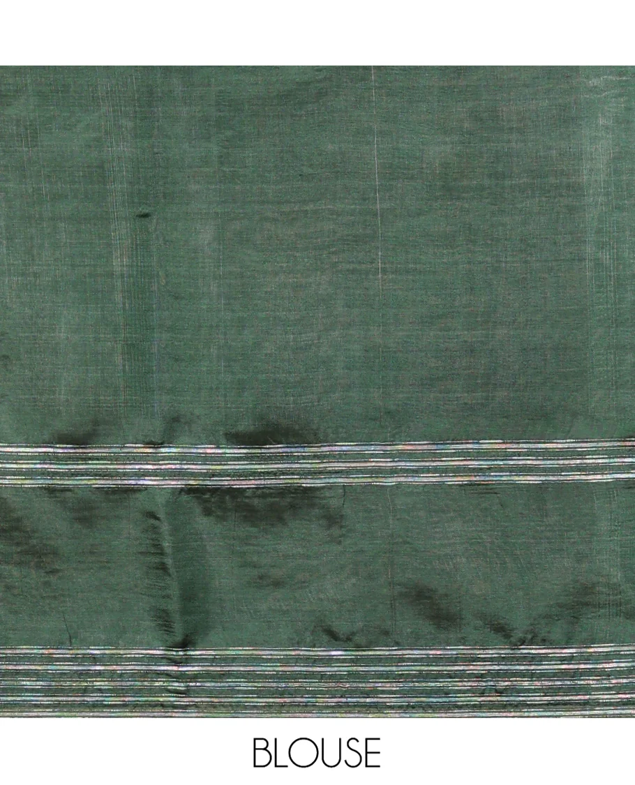 Green Banana Pith Saree, Subtly Sparkled with Buttas All Over Its Body, Highlighted by Self-Border, Pallu of Stripes, and Paired with a Matching Blouse - Image 5