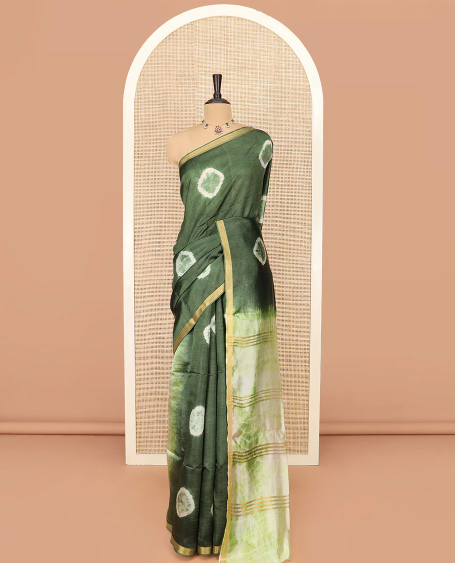 Green Banana Pith Saree Subtly Sparkled with Shibori Prints, Zari Bavanji Border, Complemented with a Contrast Printed Pallu of Shibori Motifs, and Paired with a Contrast Shibori Printed Blouse - Image 3