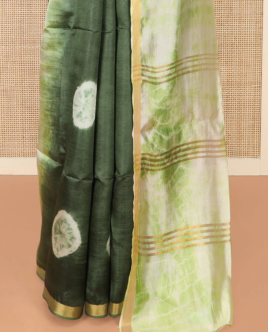 Green Banana Pith Saree Subtly Sparkled with Shibori Prints, Zari Bavanji Border, Complemented with a Contrast Printed Pallu of Shibori Motifs, and Paired with a Contrast Shibori Printed Blouse - Image 4