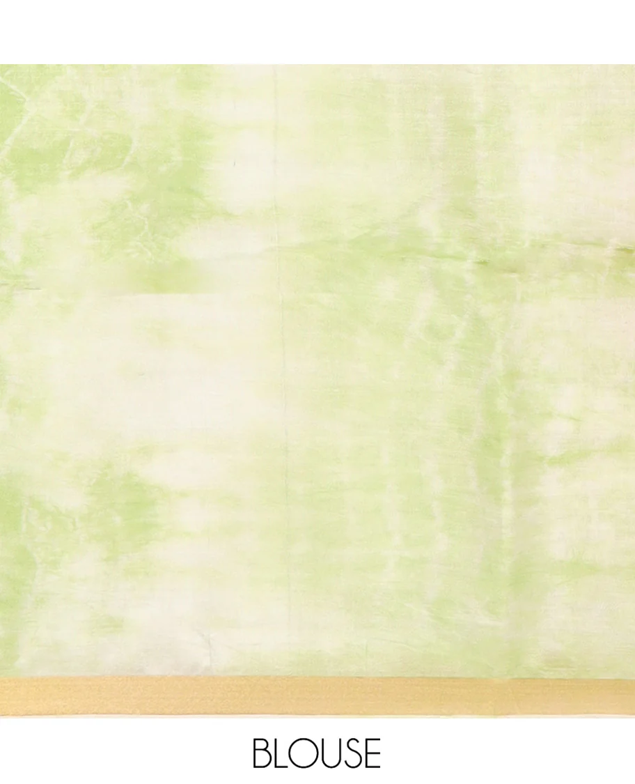 Green Banana Pith Saree Subtly Sparkled with Shibori Prints, Zari Bavanji Border, Complemented with a Contrast Printed Pallu of Shibori Motifs, and Paired with a Contrast Shibori Printed Blouse - Image 5