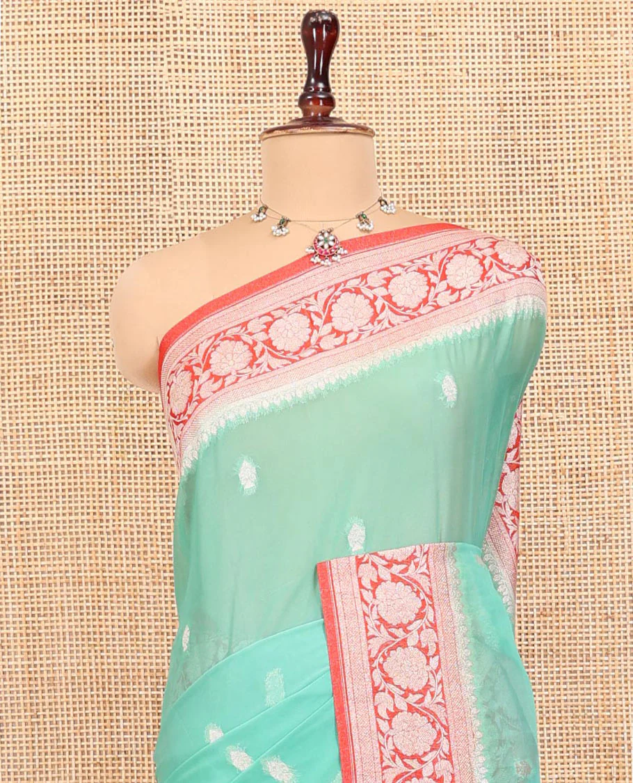 Green Banarasi Georgette Saree, Adorned with Zari Buttas All Over Its Body, Complemented by a Contrast Floral Creeper Design Border, Pallu of Paisleys, and Paired with a Contrast Blouse - Image 2