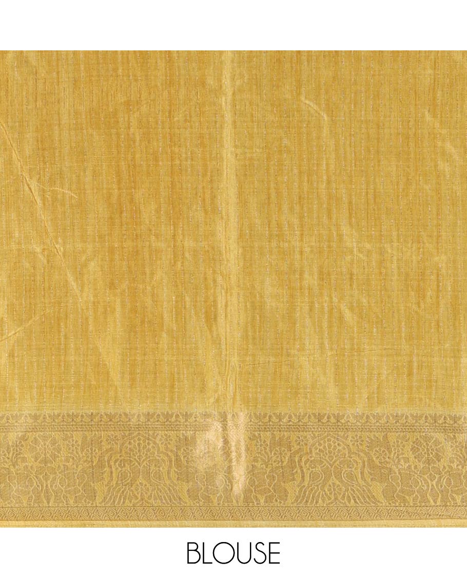 Green bandhani dotted trees, and deer motifs printed dola silk saree, contrast zari border, pallu of tree, and deer print, and contrast zari design blouse - Image 4