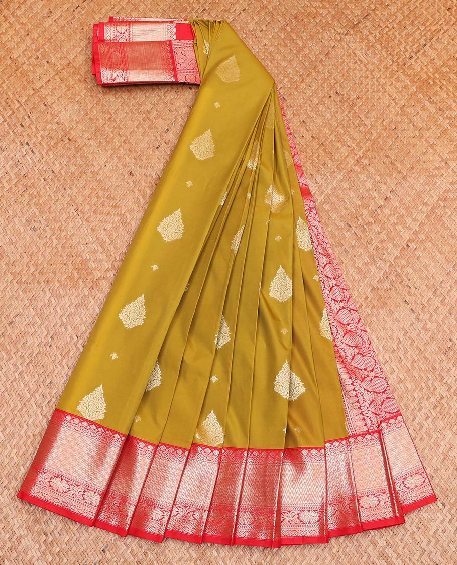 Green Budget Silk Saree, Accentuated with Zari Buttas All Over Its Body, Complemented by a Contrast Traditional Zari Design Border, Intricately Designed Pallu, and Paired with a Contrast Blouse - Image 2
