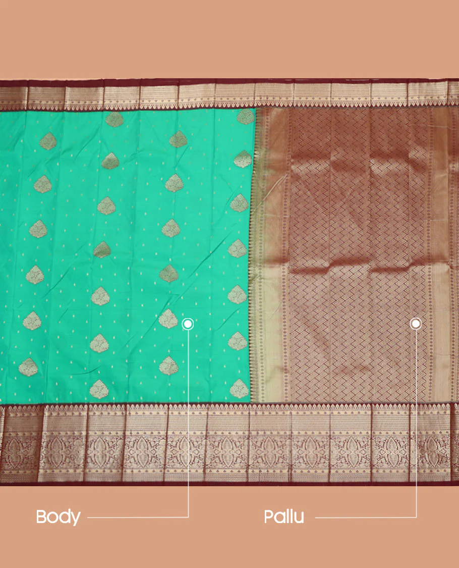 Green Budget Silk Saree, Accentuated with Zari Buttas on Its Body, Complemented by a Contrast Traditional Zari Design-Woven Border, Geometric Patterned Pallu, and Paired with a Contrast Blouse - Image 3