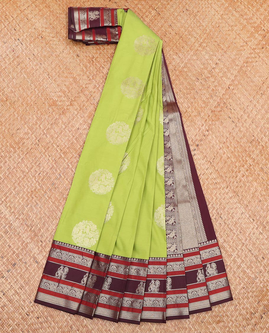 Green Budget Silk Saree, Adorned with Round Zari Buttas All Over Its Body, Complemented by Captivating Contrast Border of Traditional Zari Designs, Grand Jaal Pallu, and Paired with a Contrast Blouse - Image 2