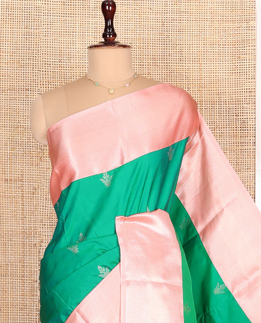 Green Budget Silk Saree, Adorned with Zari Buttas All Over Its Body, Complemented by a Contrast Border of Traditional Zari Designs, Pallu Elevated with Chevron Designs, and Paired with a Contrast Blouse - Image 2