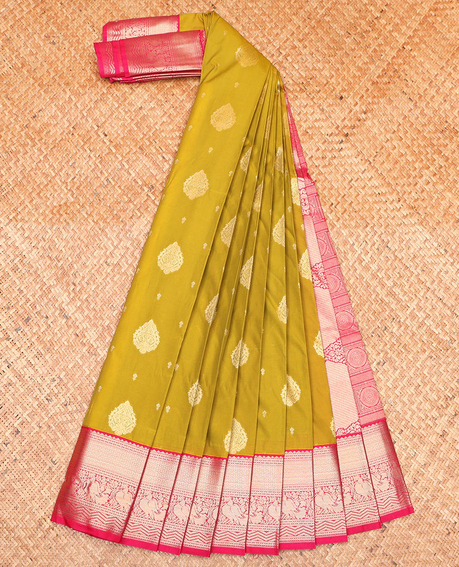 Green Budget Silk Saree, Adorned with Zari Buttas All Over Its Body, Complemented by Captivating Contrast Traditional Zari Designs Woven Border, Grand Pallu and Paired with a Contrast Blouse - Image 2