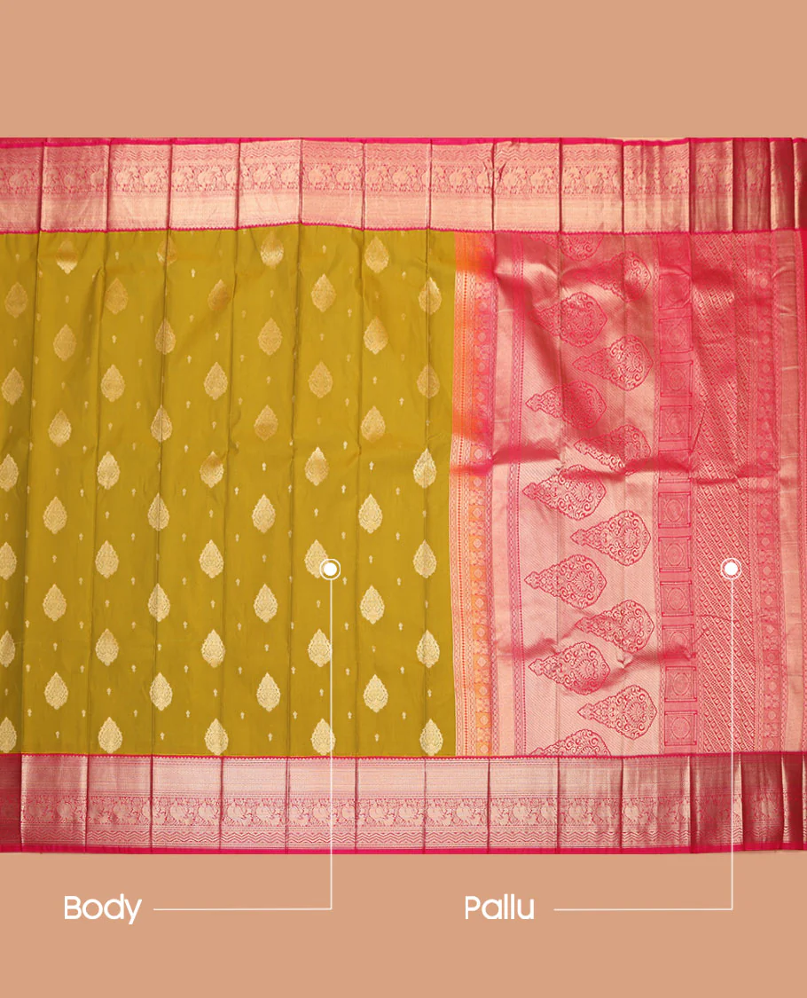 Green Budget Silk Saree, Adorned with Zari Buttas All Over Its Body, Complemented by Captivating Contrast Traditional Zari Designs Woven Border, Grand Pallu and Paired with a Contrast Blouse - Image 3