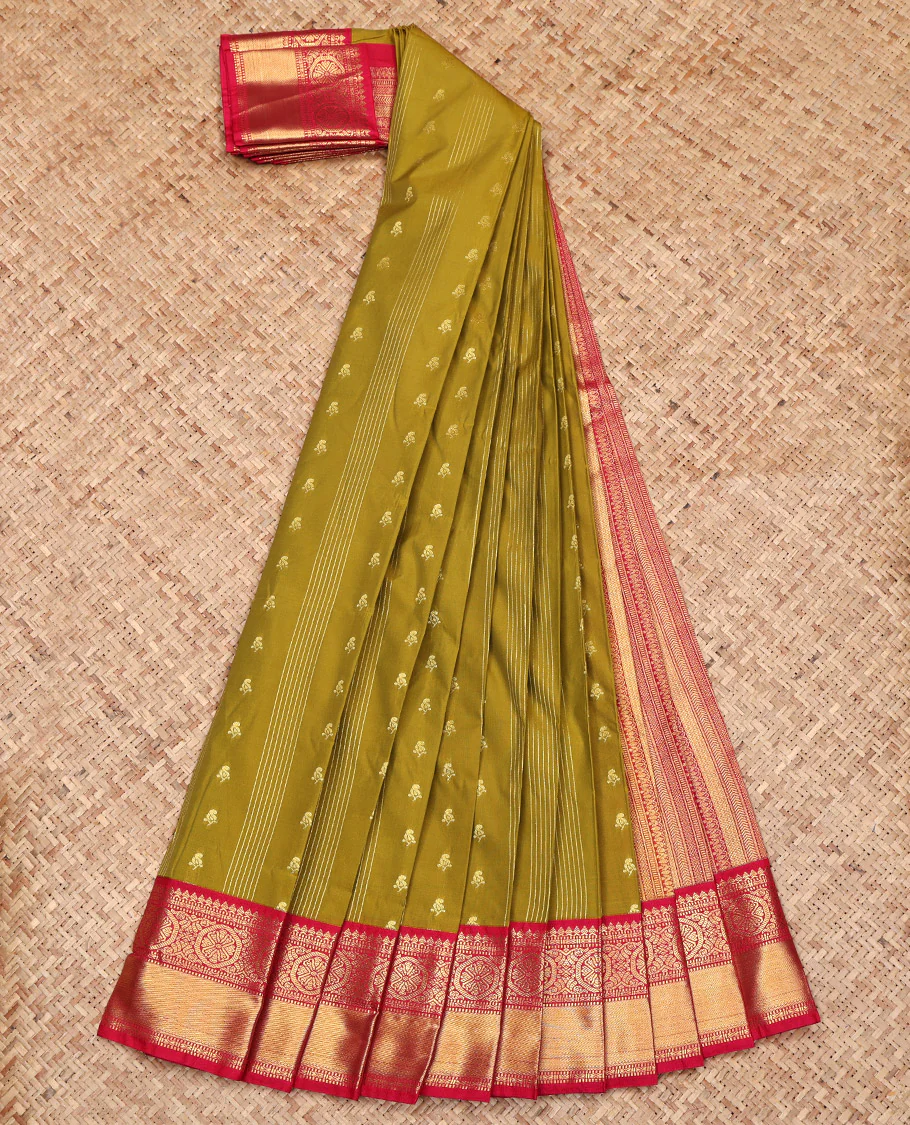 Green Budget Silk Saree, Adorned with Zari Buttas on Its Body, Complemented by a Contrast Traditional Zari Design Border, Grand Geometric-Patterned Pallu, and Paired with a Contrast Blouse - Image 2