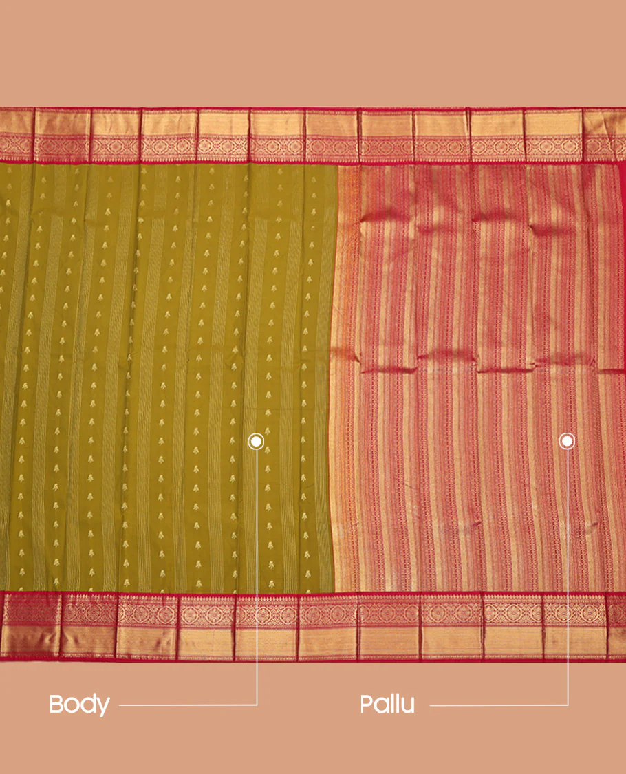 Green Budget Silk Saree, Adorned with Zari Buttas on Its Body, Complemented by a Contrast Traditional Zari Design Border, Grand Geometric-Patterned Pallu, and Paired with a Contrast Blouse - Image 3