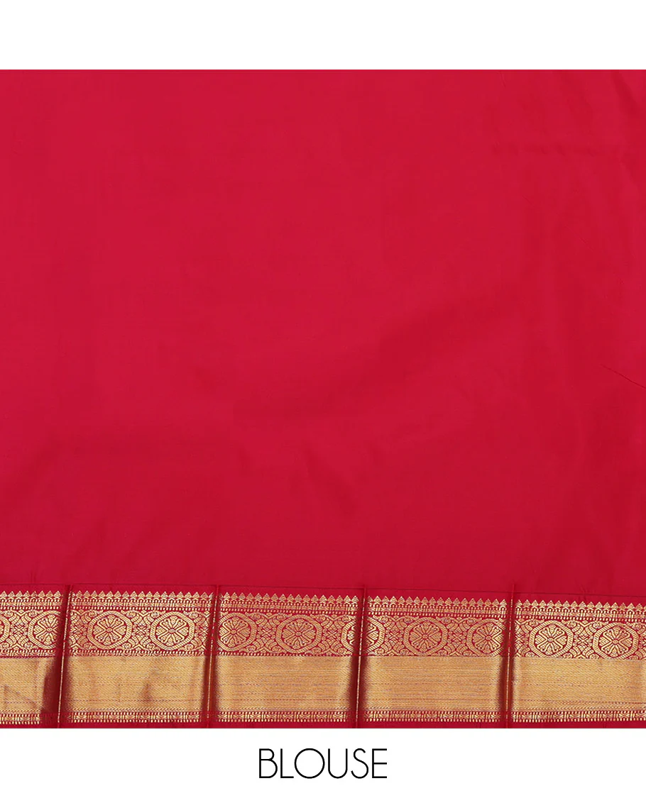 Green Budget Silk Saree, Adorned with Zari Buttas on Its Body, Complemented by a Contrast Traditional Zari Design Border, Grand Geometric-Patterned Pallu, and Paired with a Contrast Blouse - Image 4