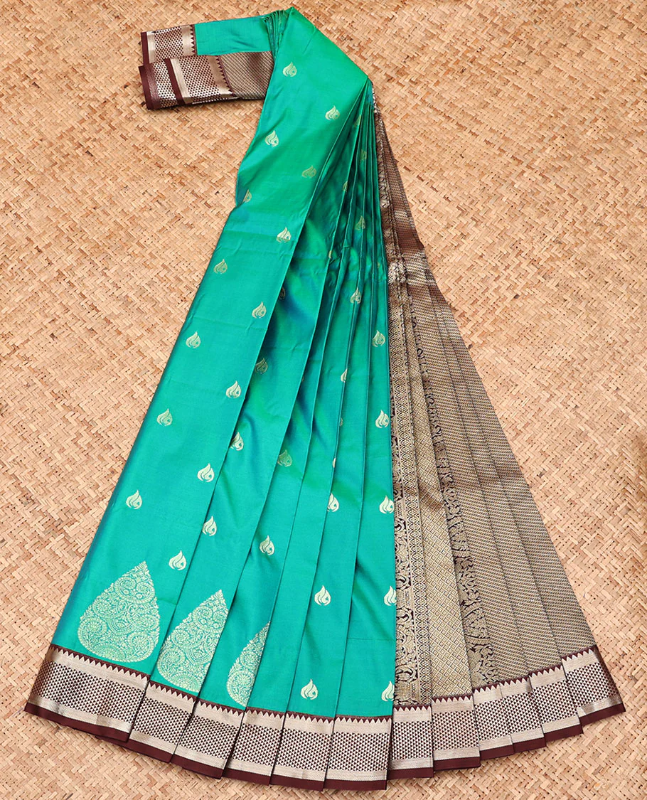 Green Budget Silk Saree, Beautified with Zari Buttas, Complemented by a Contrast Traditional Zari Design Border, Grand Pallu, and Paired with a Contrast Blouse - Image 2