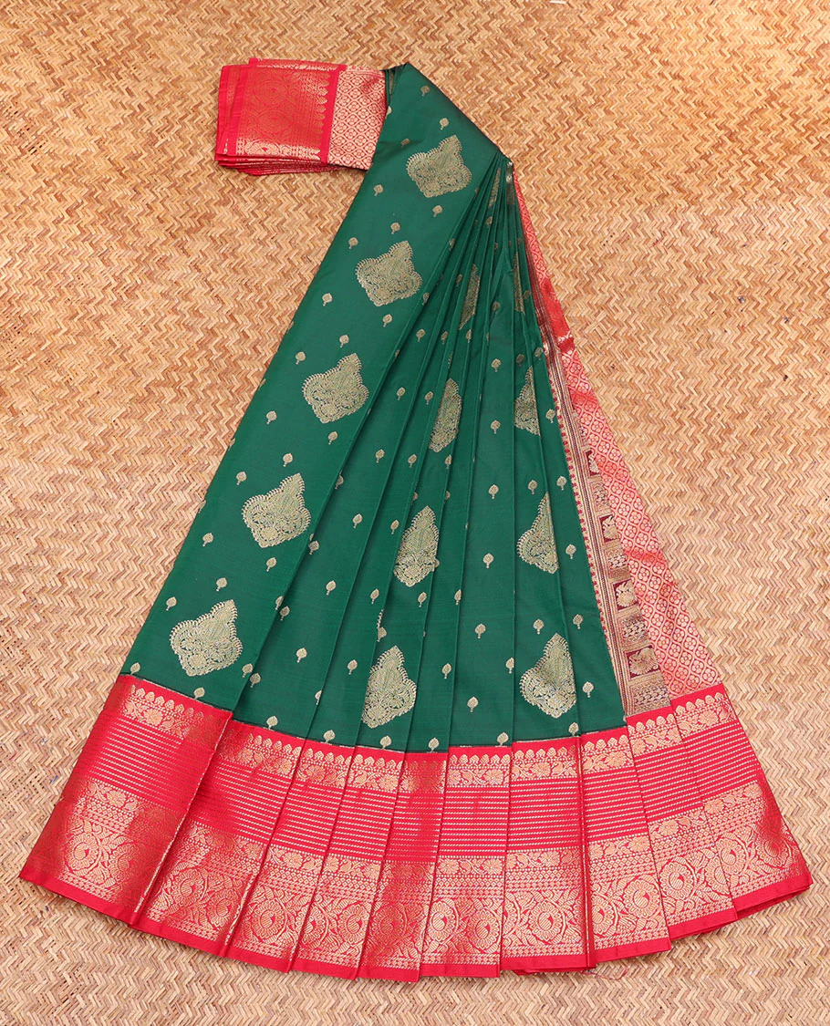 Green Budget Silk Saree, Bedecked with Zari Buttas, Complemented by a Contrast Traditional Zari Border, Pallu of Jaal Design, and a Contrast Blouse - Image 2