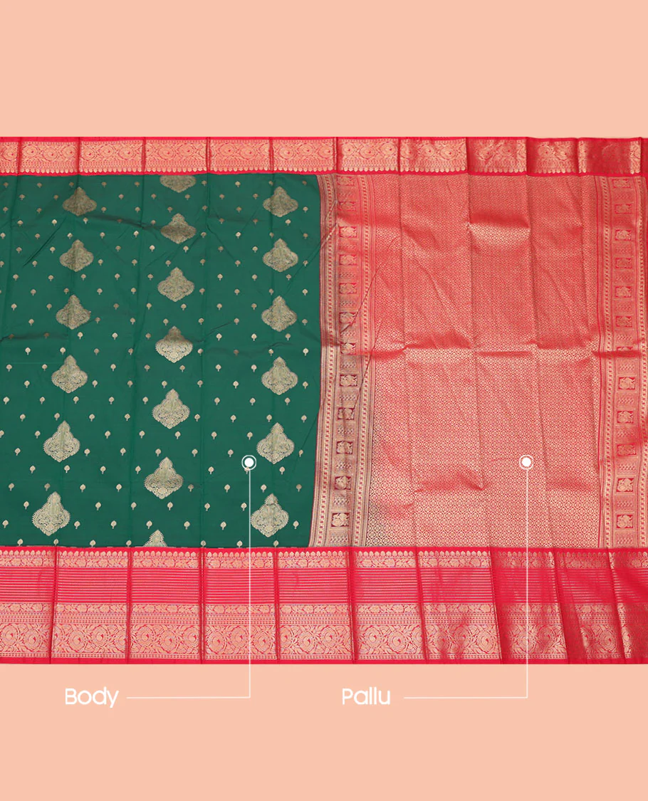 Green Budget Silk Saree, Bedecked with Zari Buttas, Complemented by a Contrast Traditional Zari Border, Pallu of Jaal Design, and a Contrast Blouse - Image 3