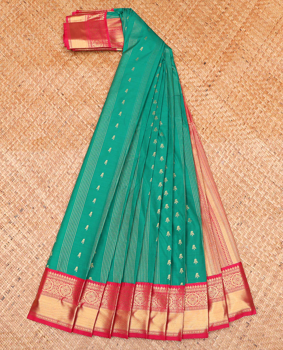 Green Budget Silk Saree, Bedecked with Zari Buttas on Its Body, Complemented by a Contrast Traditional Zari Design Border, Pallu of Geometric Designs, and Paired with a Contrast Blouse - Image 2