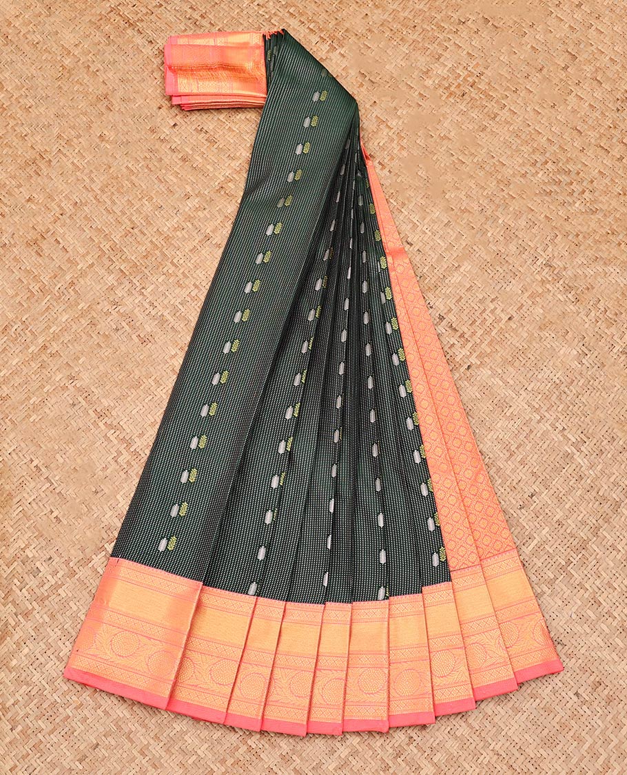 Green Budget Silk Saree, Crafted with Zari Buttas, Contrast Traditional Zari Border, Grand Jaal Pallu, and a Contrast Blouse - Image 2