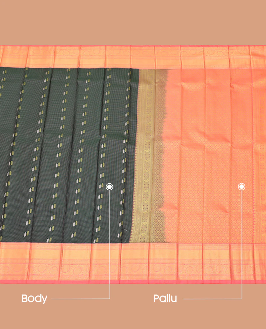 Green Budget Silk Saree, Crafted with Zari Buttas, Contrast Traditional Zari Border, Grand Jaal Pallu, and a Contrast Blouse - Image 3