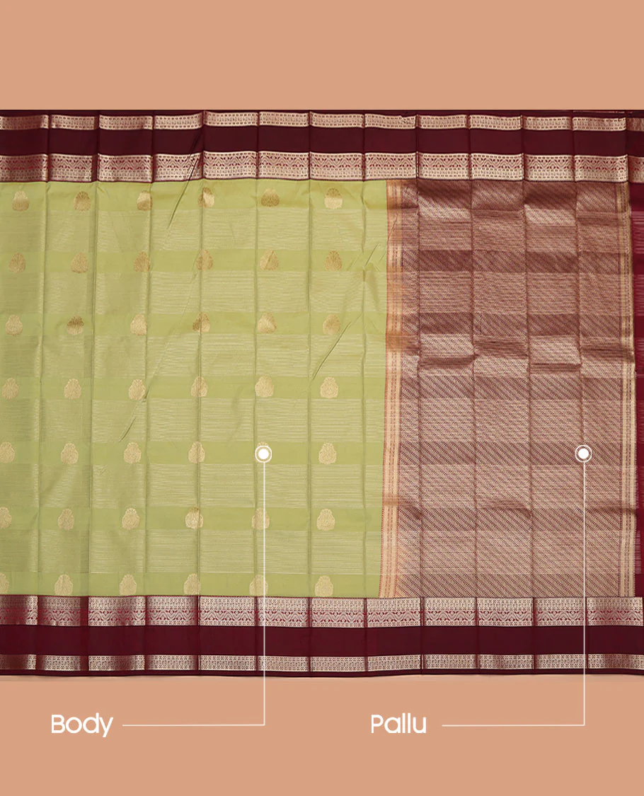 Green Budget Silk Saree, Dazzled with Zari Buttas and Stripes All Over Its Body, Complemented by a Contrast Traditional Zari Design Border, Contrast Pallu of Diagonal Designs, and Paired with a Contrast Blouse - Image 3