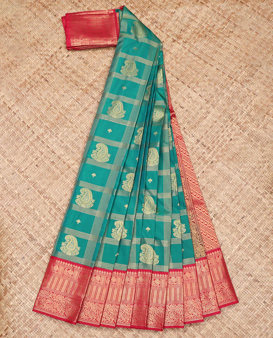 Green Budget Silk Saree, Decked Up with Paisley Butta Enclosed Checks on Its Body, Complemented by a Contrast Traditional Zari Design Border, Grandly Decked Up Pallu, and Paired with a Contrast Blouse - Image 2