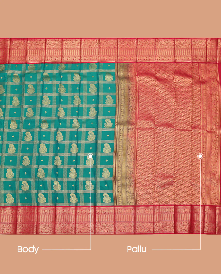 Green Budget Silk Saree, Decked Up with Paisley Butta Enclosed Checks on Its Body, Complemented by a Contrast Traditional Zari Design Border, Grandly Decked Up Pallu, and Paired with a Contrast Blouse - Image 3
