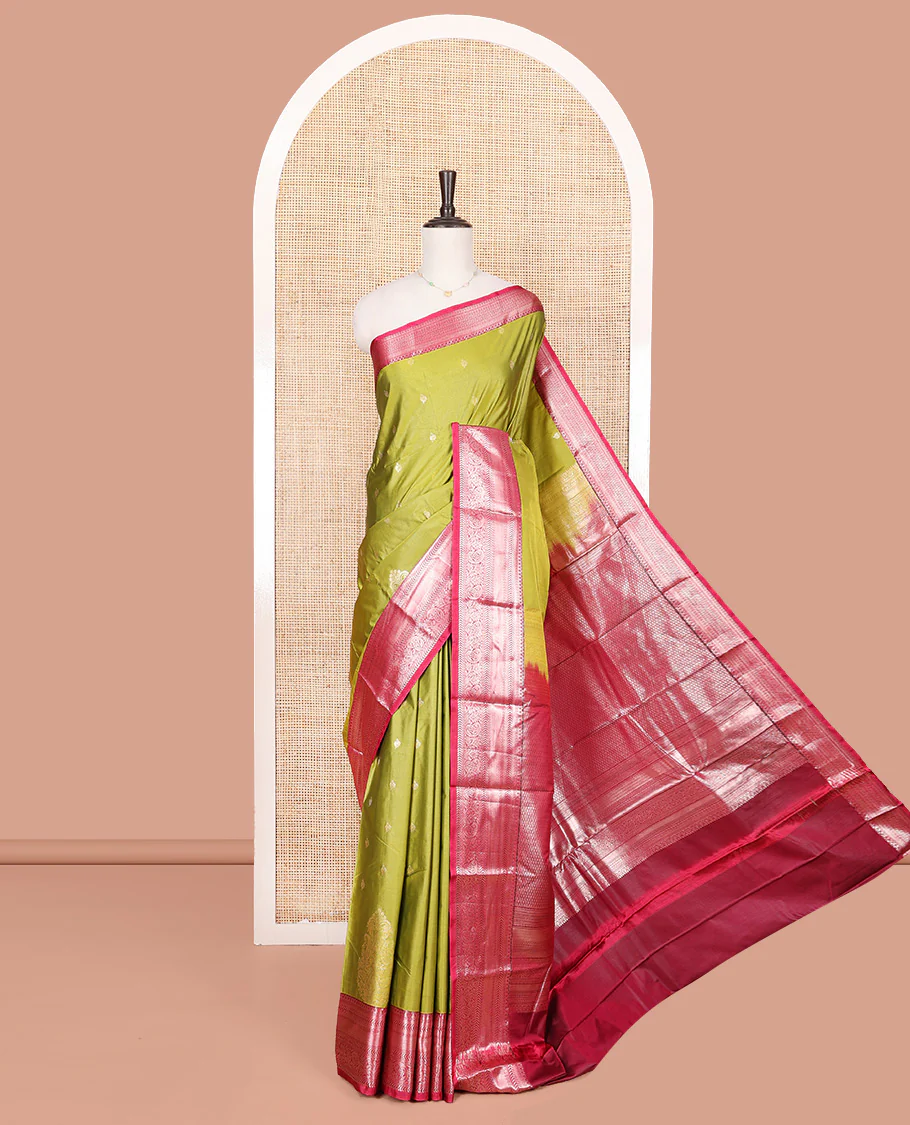 Green Budget Silk Saree, Decorated with Zari Buttas All Over Its Body, Complemented by a Contrast Traditional Zari Design Border, Grand Jaal Pallu, and Paired with a Contrast Blouse