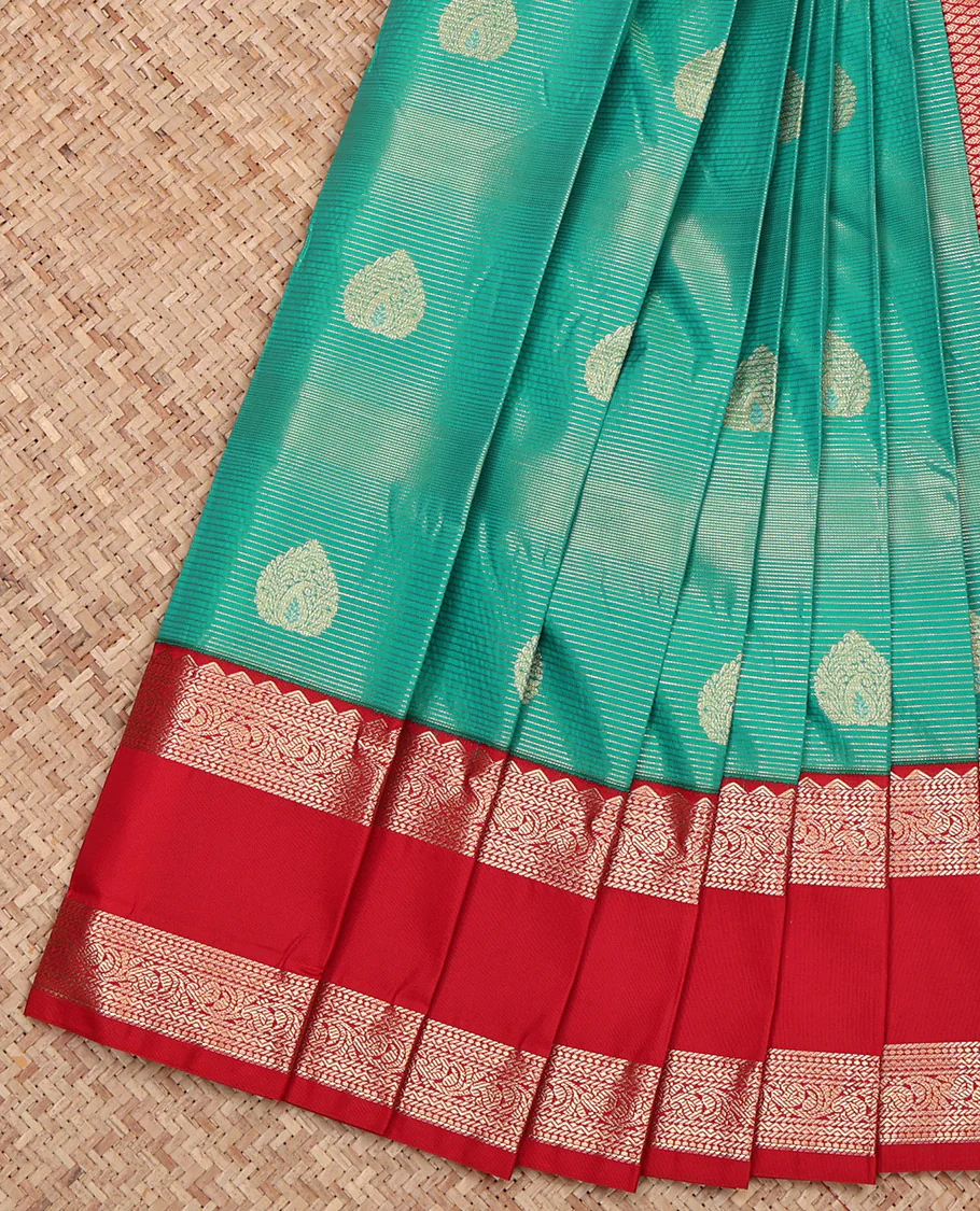 Green Budget Silk Saree, Decorated with Zari Buttas and Stripes, Complemented by a Contrast Traditional Zari Design Rettai Pettu Border, Grand Pallu, and a Contrast Blouse