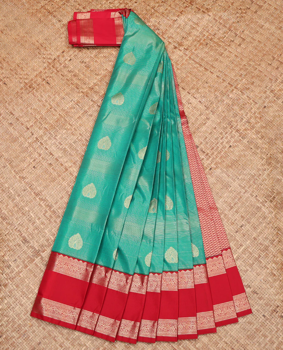 Green Budget Silk Saree, Decorated with Zari Buttas and Stripes, Complemented by a Contrast Traditional Zari Design Rettai Pettu Border, Grand Pallu, and a Contrast Blouse - Image 2